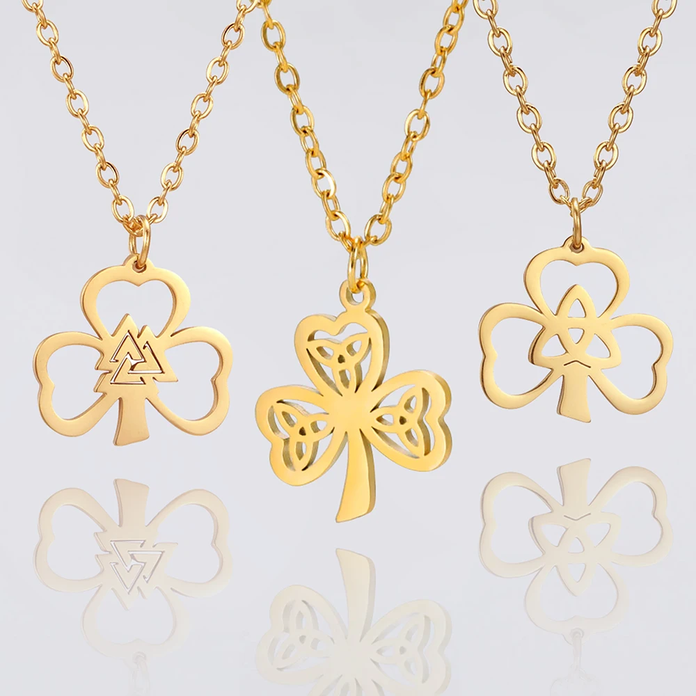 Dawapara Shamrock Lucky Necklace Three Leaf Heart Trinity Knot Irish St Patrick Symbol Charm Stainless Steel Religious Amulet