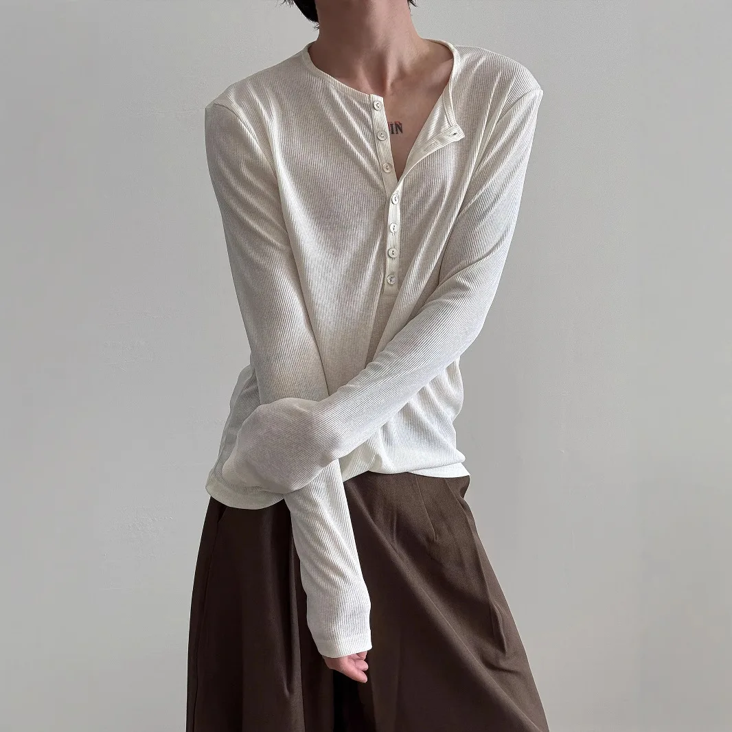 

2026 New Slim Fit Sheer Mesh Cover Top Lazy Henley Neck Long Sleeve Neutral Lightweight See Through Inner Base Shirt