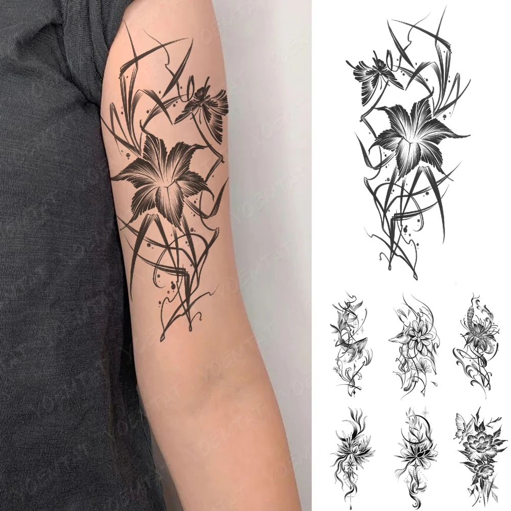 

Waterproof Temporary Tattoos Sticker Black Lily Lotus Peony Butterfly Whale Fox Snake Women Arm Tatoo Fake Tattoo Men Body Art