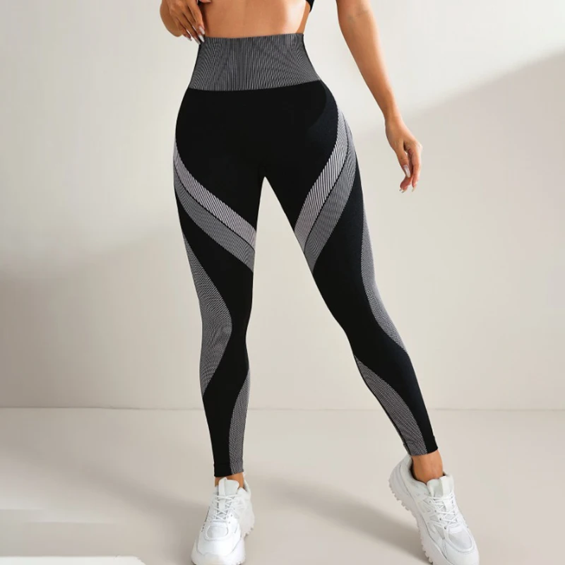 Seamless New Yoga Leggings Women Color Blocked High Waist Tights Sexy Hip Liftting Workout Running Black Stripe Sports Pants