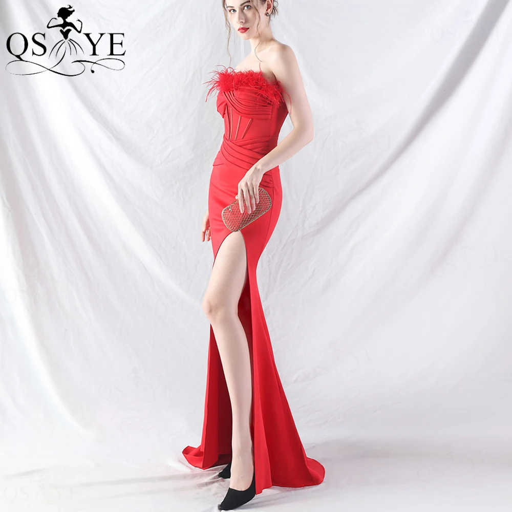 Strapless Neck Ostrich Hair Red Prom Dress 2024 Elastic Ruched Top Evening Dress with Slit Boned Corset Women Formal Dress