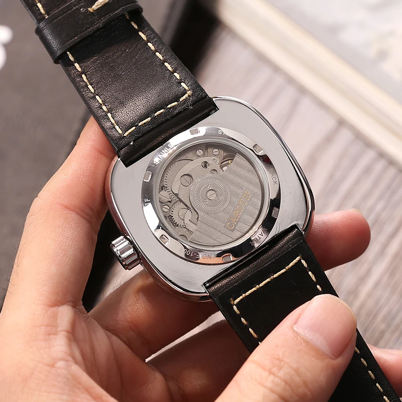 Carotif Man Square Dial Skeleton Mechanical Wrist Watch Casual Leather Strap Waterproof Automatic Wristwatch for Men Hand Clock