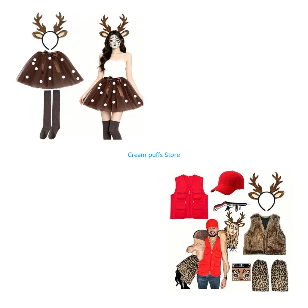 50LE Antlers Reindeer Headband Tail Face Sticker Vest Reindeer Costume for Halloween