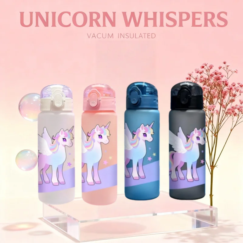 Taza de agua con patrones de unicornio impresa en 3D de 780ml con botella de agua manual para exteriores, sin PVC, a prueba de fugas, acabado mate resistente a la decoloración