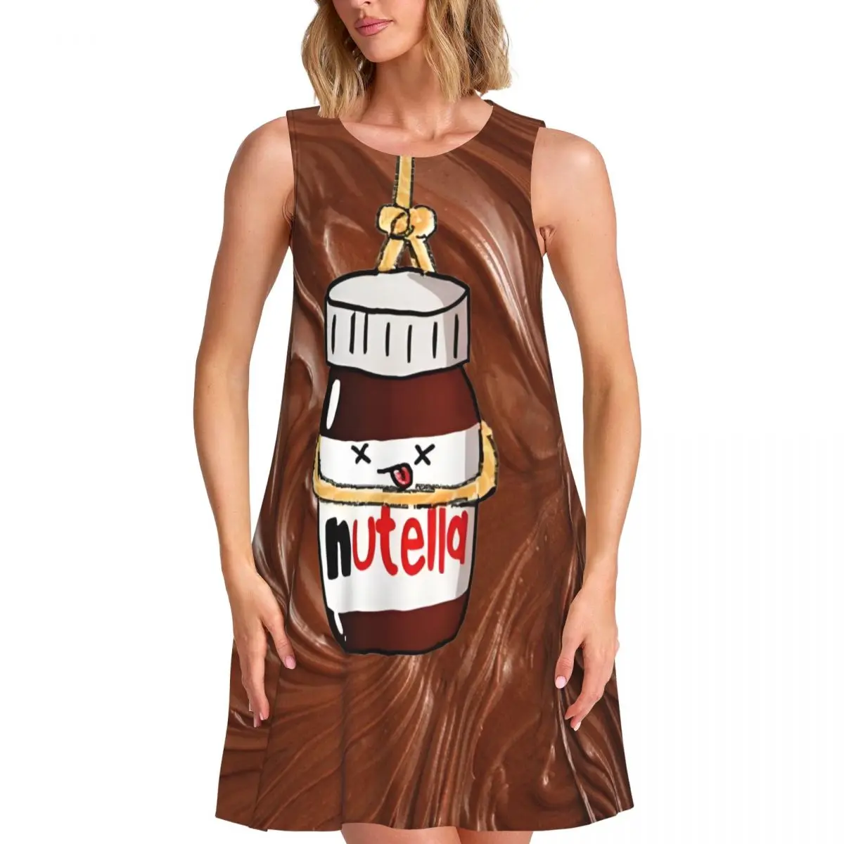 Benutzerdefinierte N-Nutellas Chocolate Damen ärmelloses Kleid 3D-Druck Retro Essen für Urlaub Reisen ärmellose Strandkleider Kleid