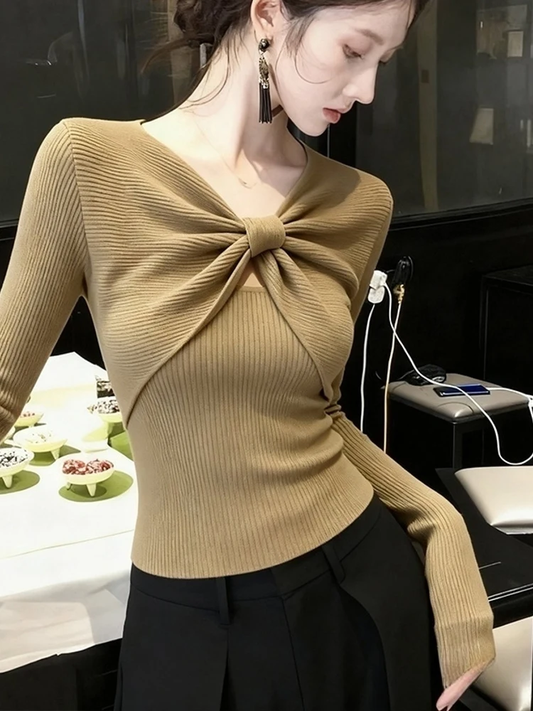 시크 롱 니트 스웨터 트위스트 매듭 여성 슬림핏 이너웨어 탑 패셔너블 가을 겨울 날씬해 보이는