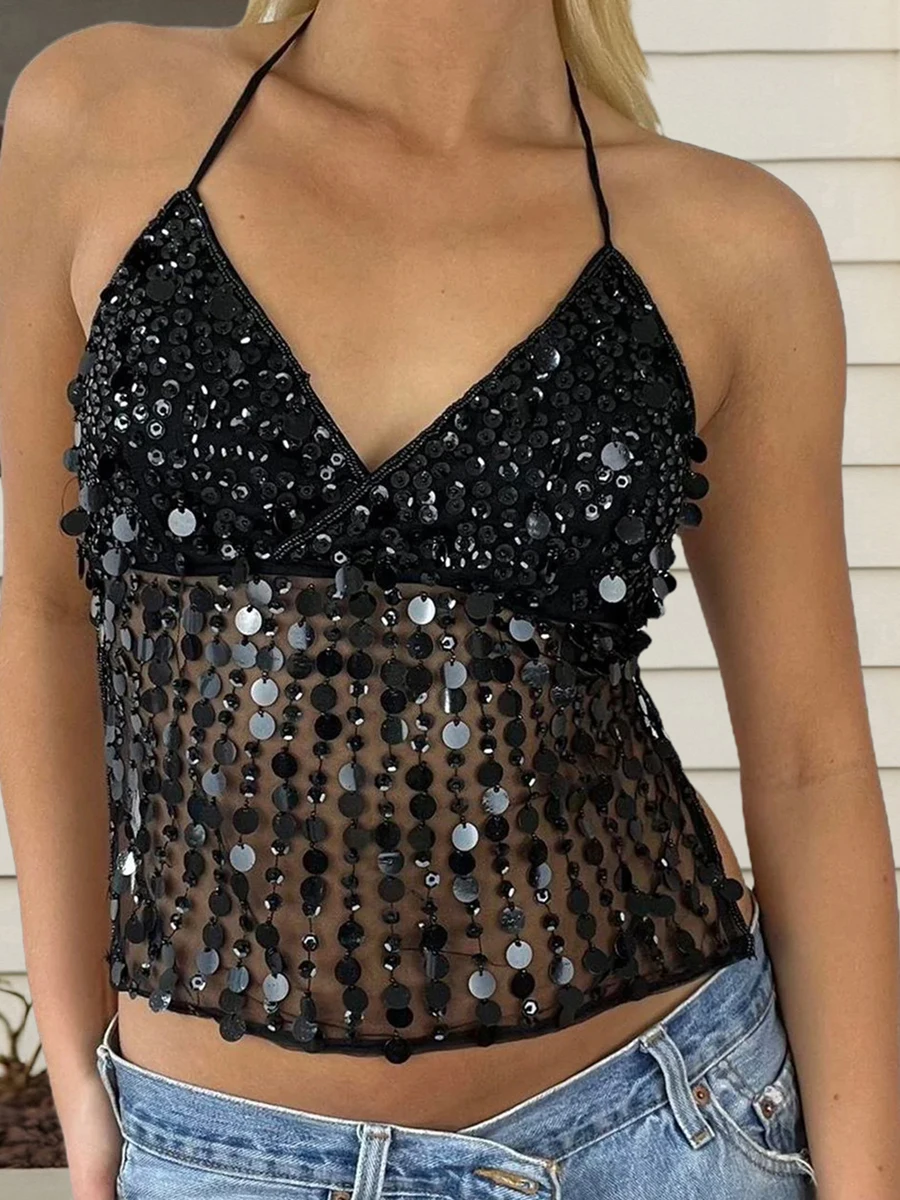 Women Y2k Sparkly Sequin Halter Beaded Camisole Cute Glitter Rhinestone Spaghetti Strap Backless Criss Cross Cami Top Blue