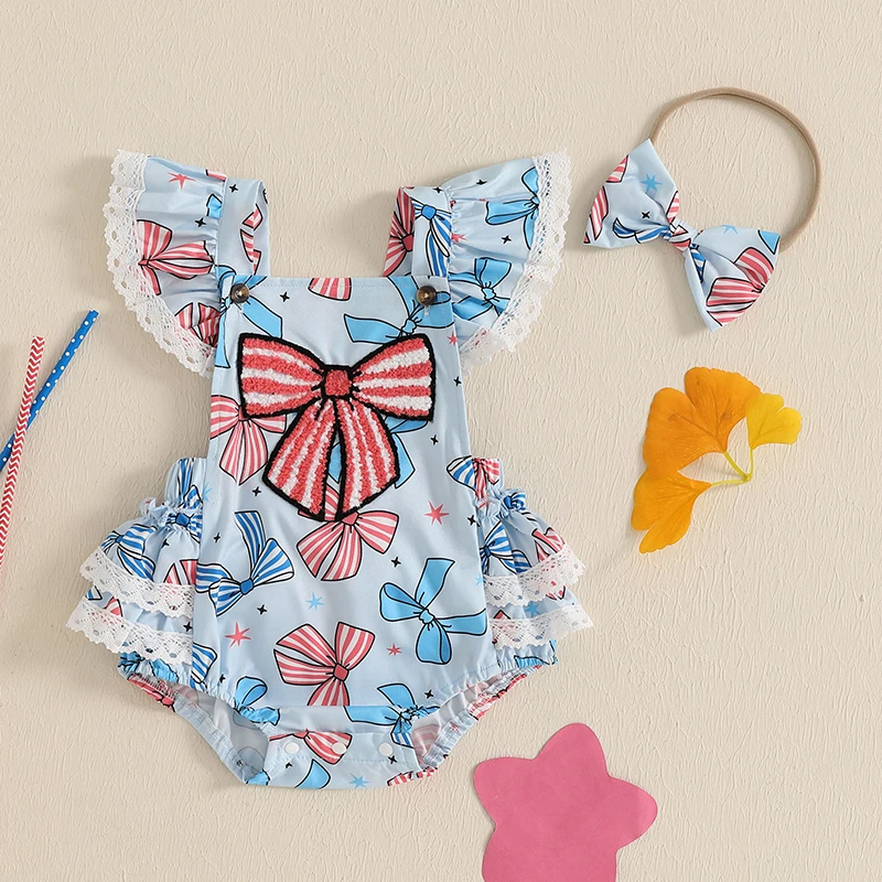 Citgeett Summer Independence Day Infant Baby Girls Bow Overalls Bodysuit Flutter Sleeve Layered Ruffled Hem Lace Jumpsuit Outfit