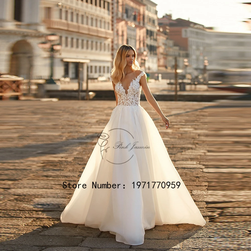 

Boho A-Line Wedding Dresses Bride Cap Sleeves Illusion Back Applique Elegant Bridal Gowns Tulle Vestido De Novia 2024 New