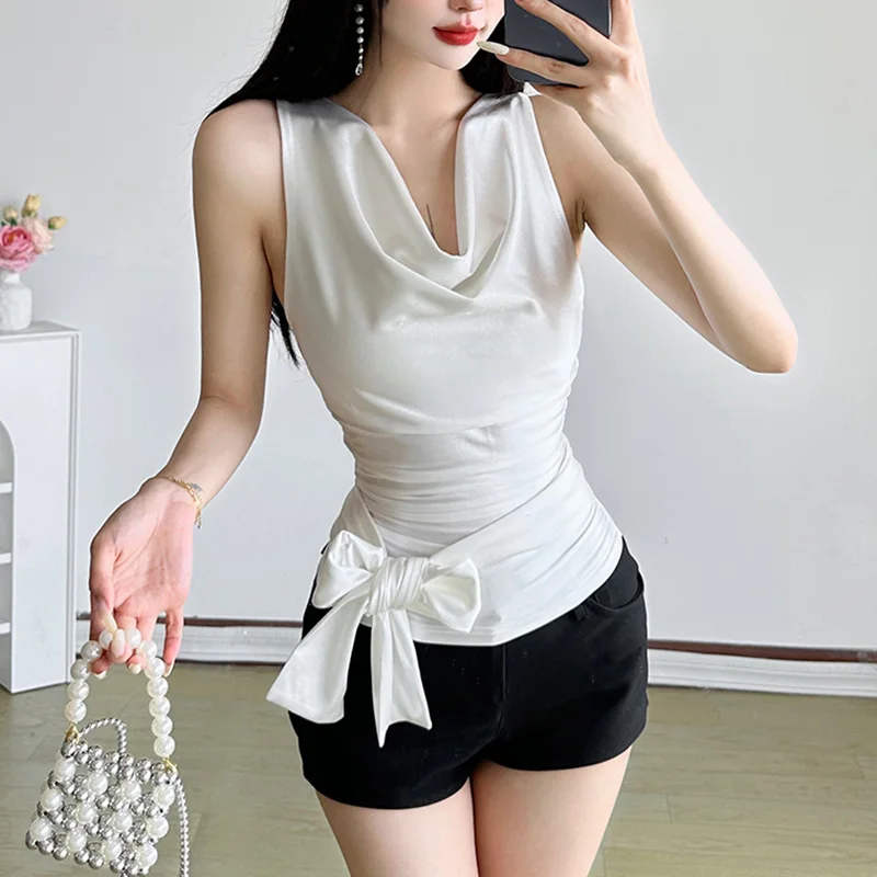 

Elegant Bow Belt Sleeveless Tshirt Women 2025 Summer Slim Fit Satin White T Shirt Woman Office Pleated V Neck Tshirts Ladies