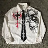 Y2K-Camiseta blanca de manga larga para hombre, camiseta gótica Retro, camiseta Harajuku con estampado de letras de calavera y escritura sagrada, Tops de moda