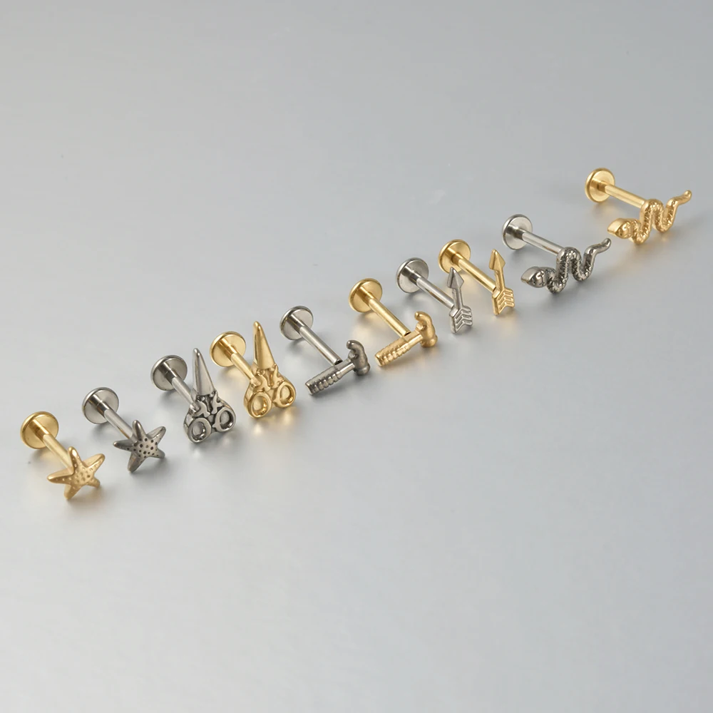 1PC G23 Solid Titanium Scissor Snake Cartilage Earrings Stud 16G Internally Threaded Zircon Helix Ear Tragus Piercing Jewelry