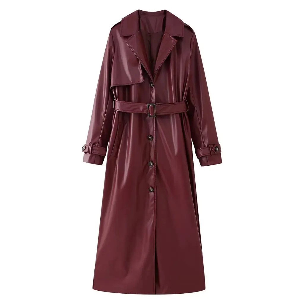 

Women's Vintage PU Leather Coat High-End Elegant Lapel Waist Long Over-the-Knee Autumn Winter Outerwear