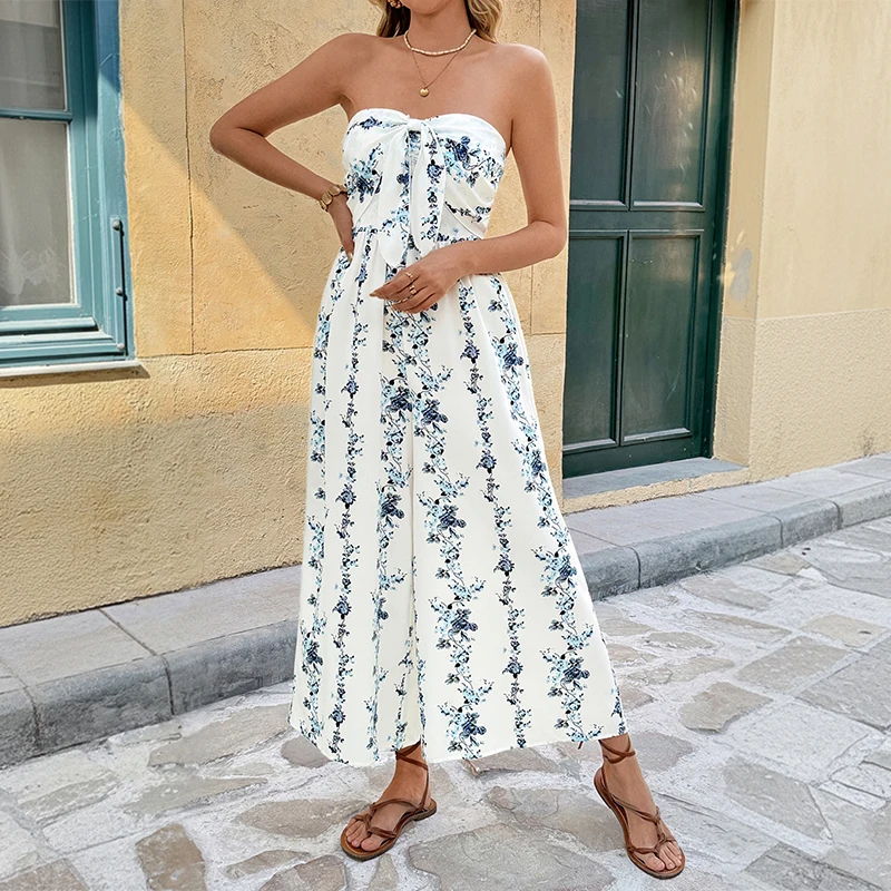 

2026 Summer New Style French Vacation Style Strapless Floral Print Wide Leg One-Piece Pants for Women