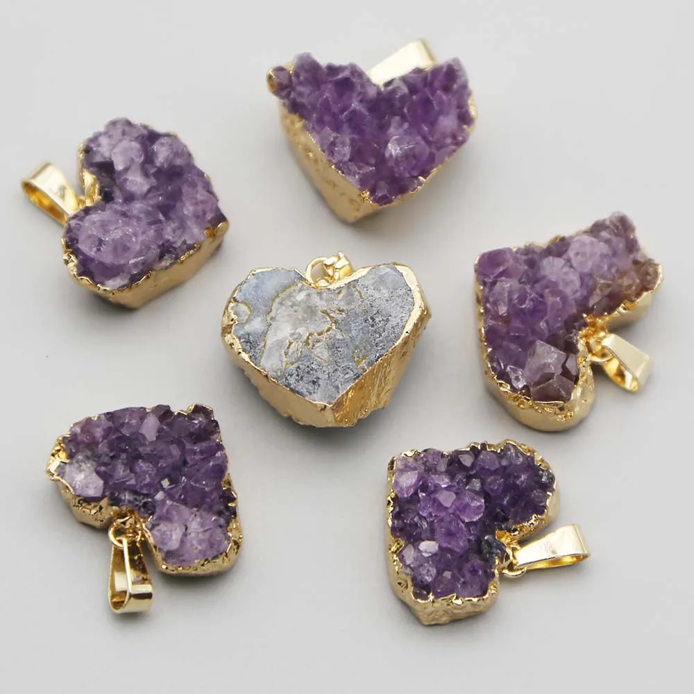 Natural Amethyst Love Heart Pendants Bag Phnom Penh Heart-shaped Quartz Mineral Necklaces Simple DIY Gift Jewelry 5Pcs/Wholesale