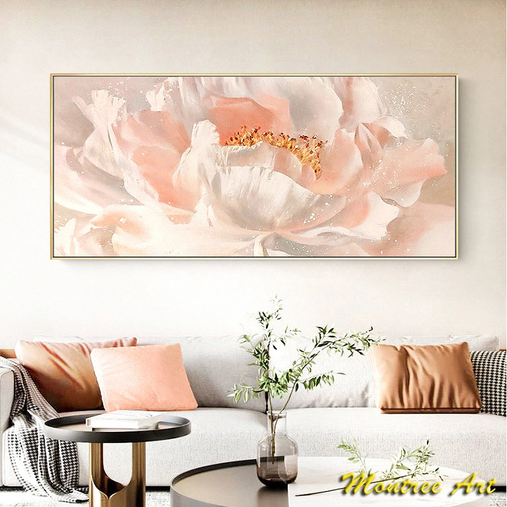 Hand Painted Oil Painting Abstract Flower Art Blooming White Pink Peony Flower Oil Painting On Canvas Texture Art Painting Decor