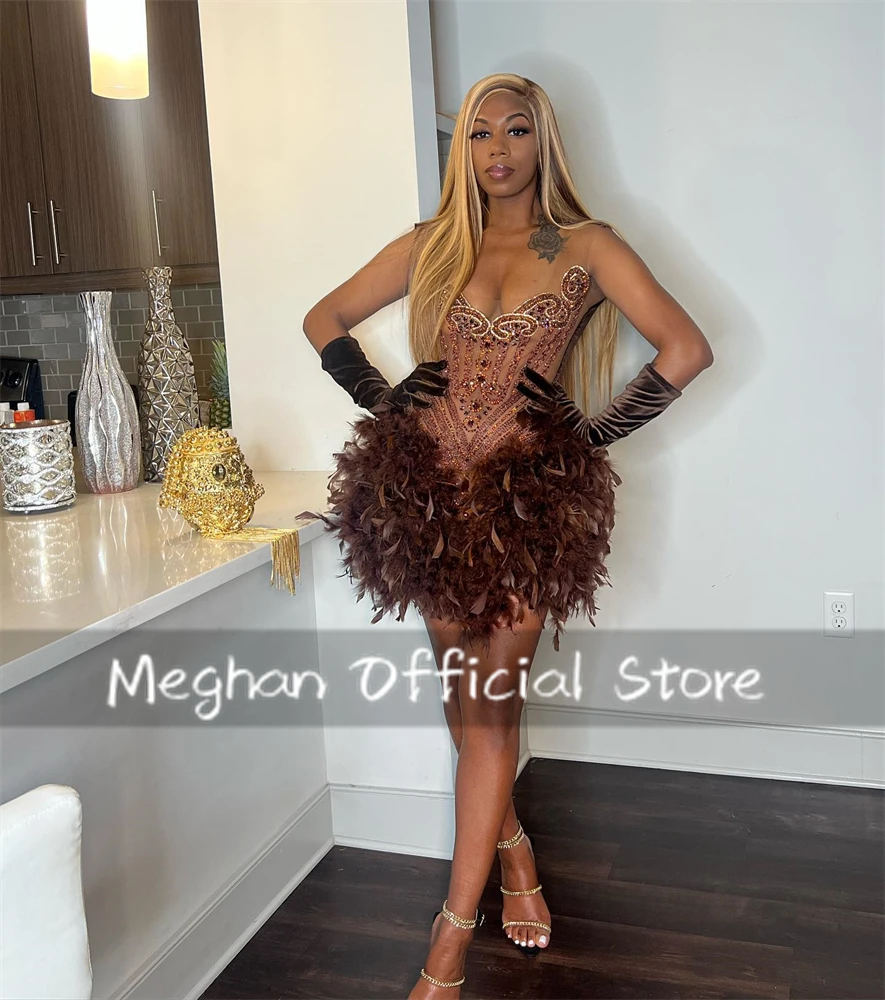 Chocolate Brown Beaded Crystal Short Prom Dresses Feathers 2024 Birthday Luxury Dress With Glove Mini Cocktail Dress Customized