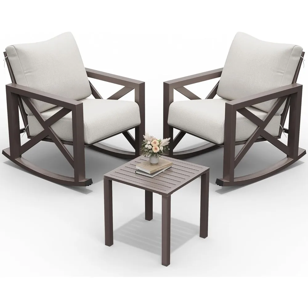 

rocking chair outdoor set 2 with coffee table, 3 piece metal rocking bistro set with 6.5" water-resistant cushions, oversized,