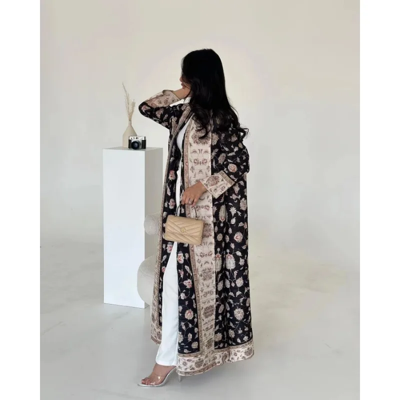 KAF Women Large Size Abaya 2025 Spring  Autumn New Retro Printing Cardigan Tie Original Design Dubai Luxury Female Abaya