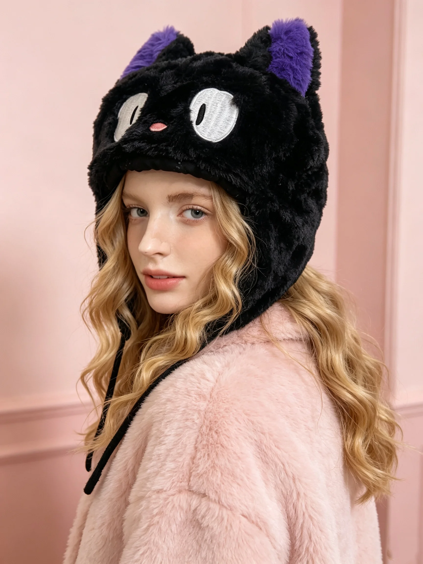 Cute black cat plush ear protection hat with plush insulation in winter, Lei Feng hat with cartoon tie windproof skiing hat