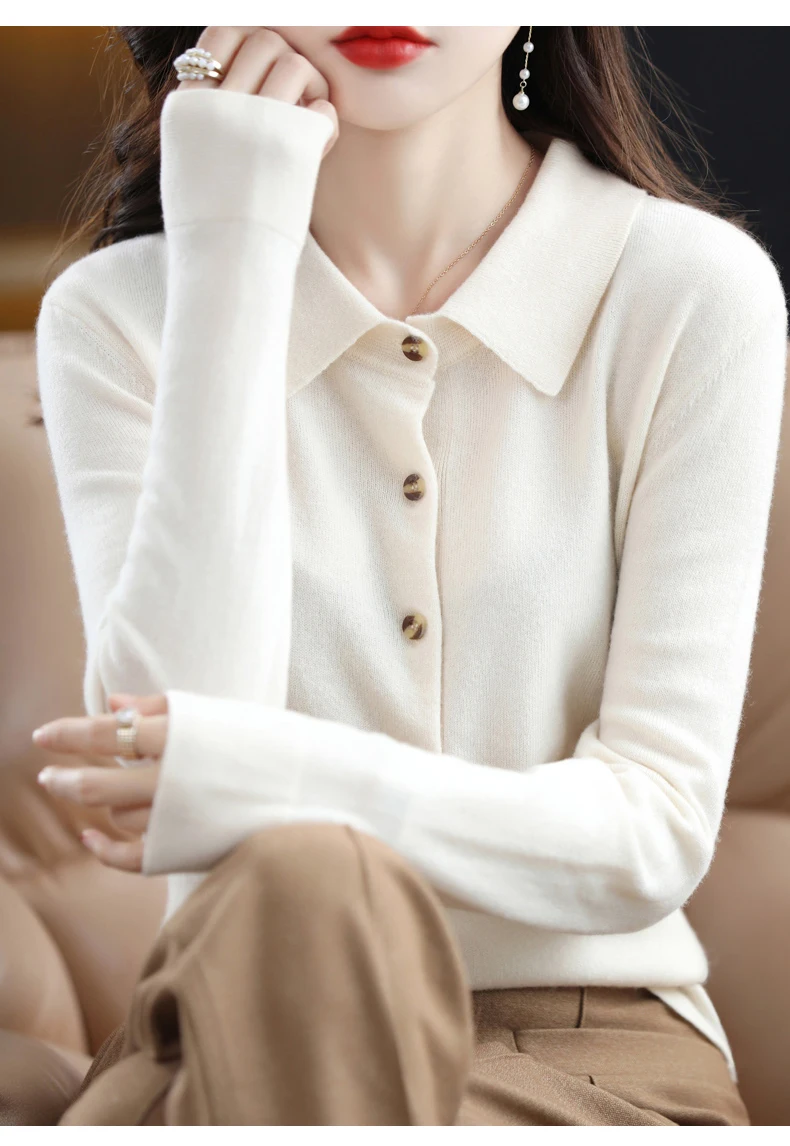 Spring And Autumn Winter POLO Neck Wool Knitted Shirt With Loose Long-Sleeved Sweater Cardigan Temperament Lapel Coat Bottoming