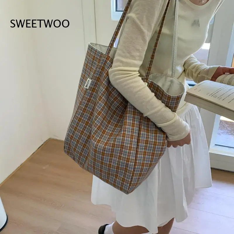 2026 Double Side Small Check Nylon Tote Bag Thin Lightweight Large Capacity Korean Ins Daily Student Grocery Shopping Women Bag
