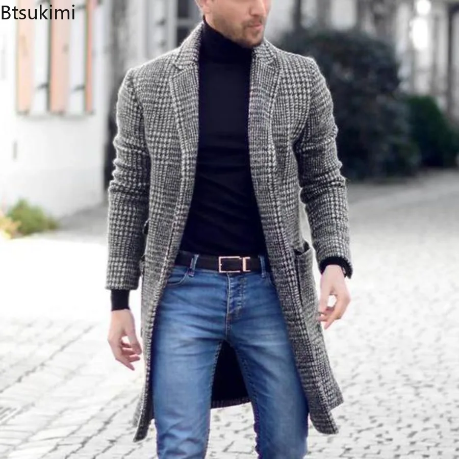 2026 Winter Clothing Men's Fashion Trench Luxury Long Woolen Coats Grey Casual Plaid Button Vintage Blends Windbreaker for Men