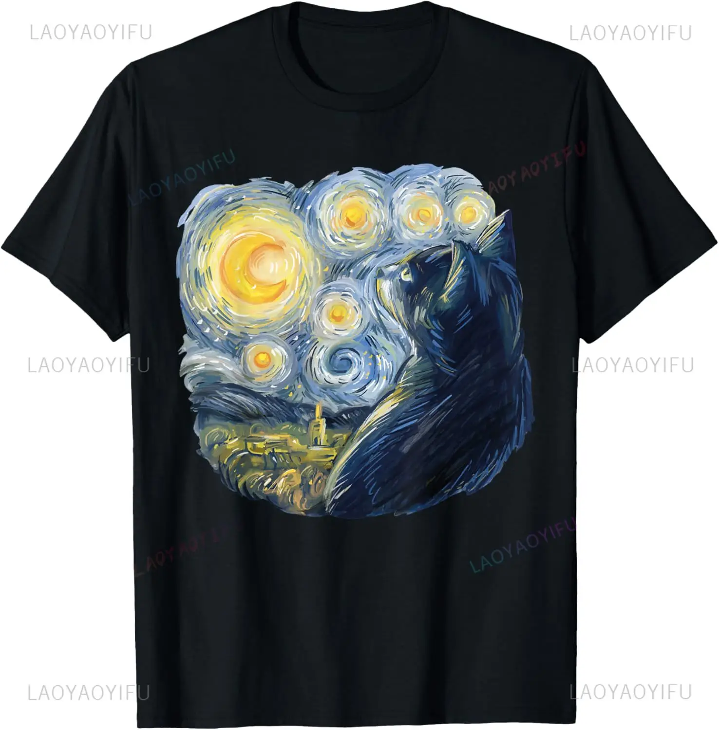 Cute Cat Lover Van Gogh Starry Night Style Art Sky Graphic T-Shirt Harajuku Casual Fahison Loose Streetwear Man Tshirt Soft Tee