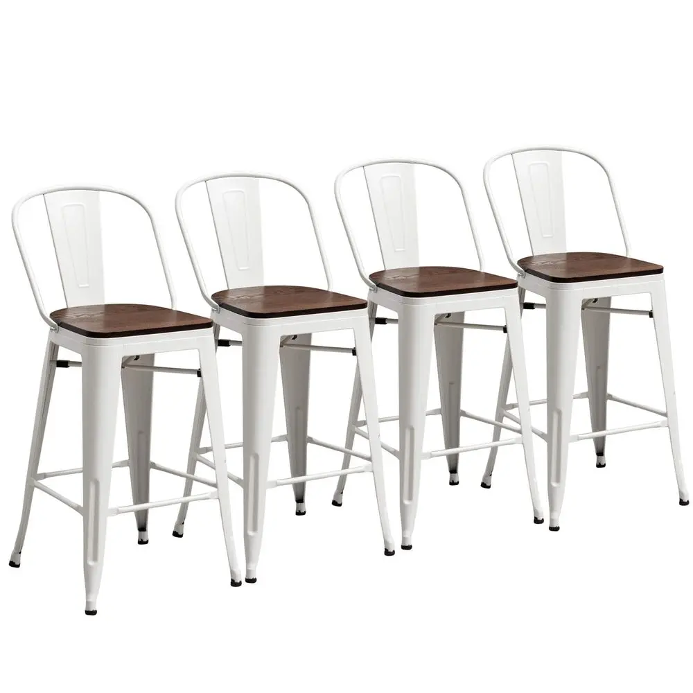 

24 Metal Bar Stools Set of 4, High Back Counter Height Chairs Industrial Kitchen Dining Barstools with Wooden Large Seat White