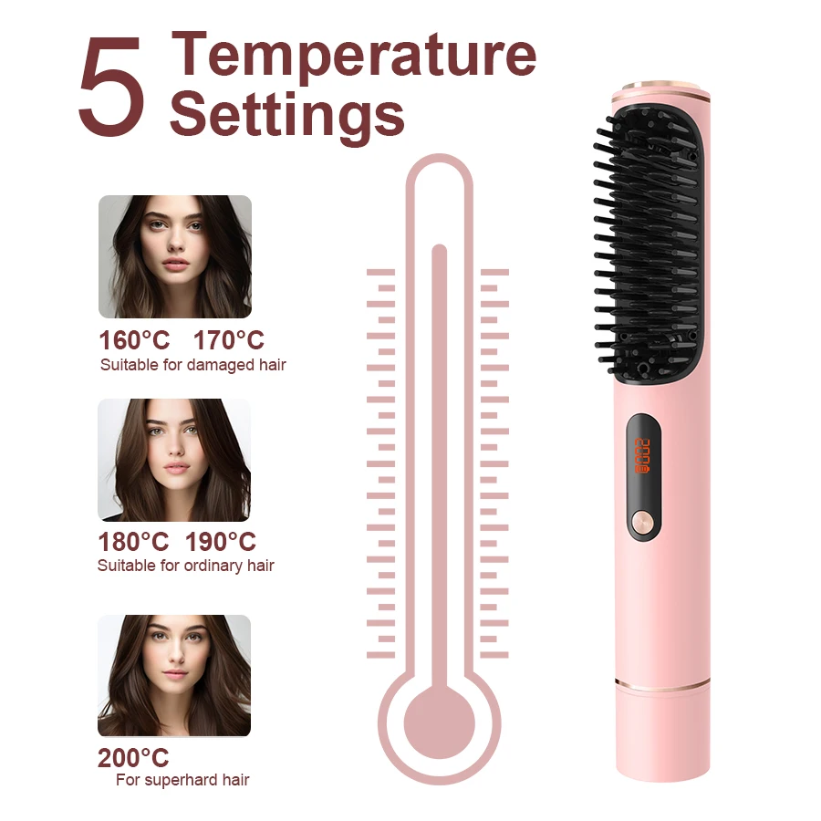 فرشاة فرد الشعر اللاسلكية المحمولة للسفر للنساء - شحن USB-C أثناء الاستخدام، مشط تصفيف لاسلكي