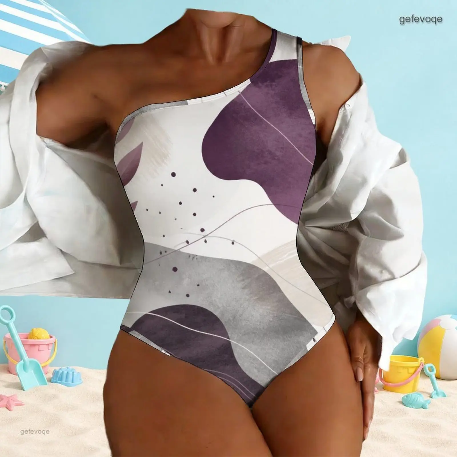 Women Swimsuit with Print One Shoulder One Piece Asymmetric Neck