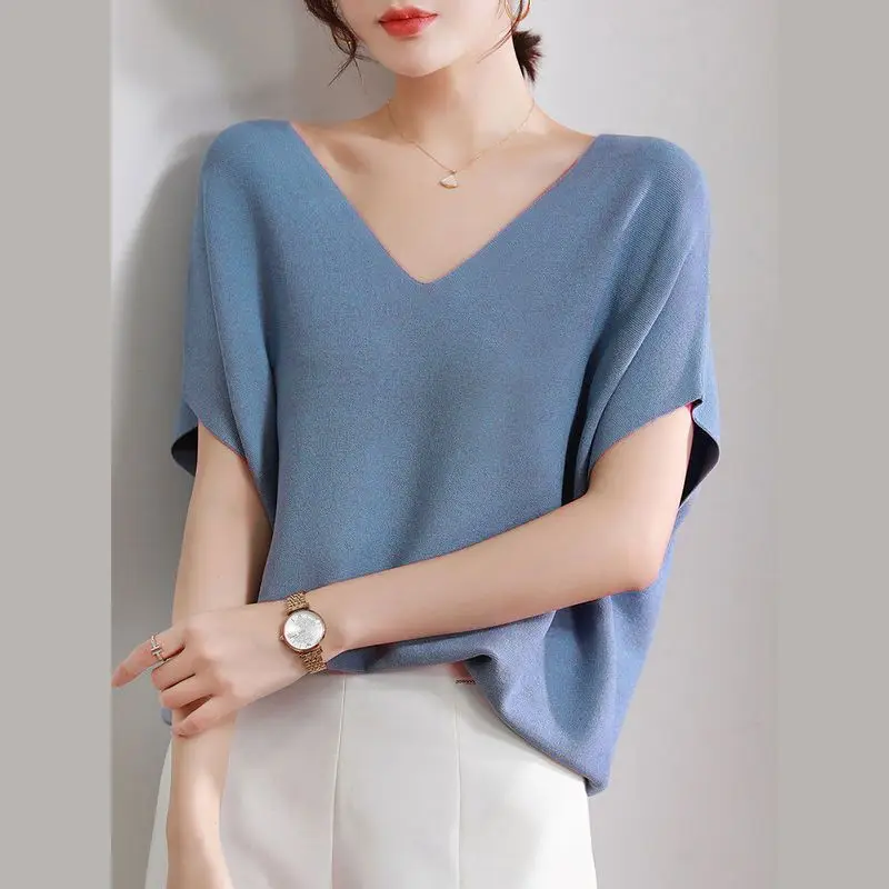 2023 Summer Solid Color Fashion Clothes Ladies V-neck Batwing Sleeve Pullover Tops Women Loose Elegant Knitting T-shirt