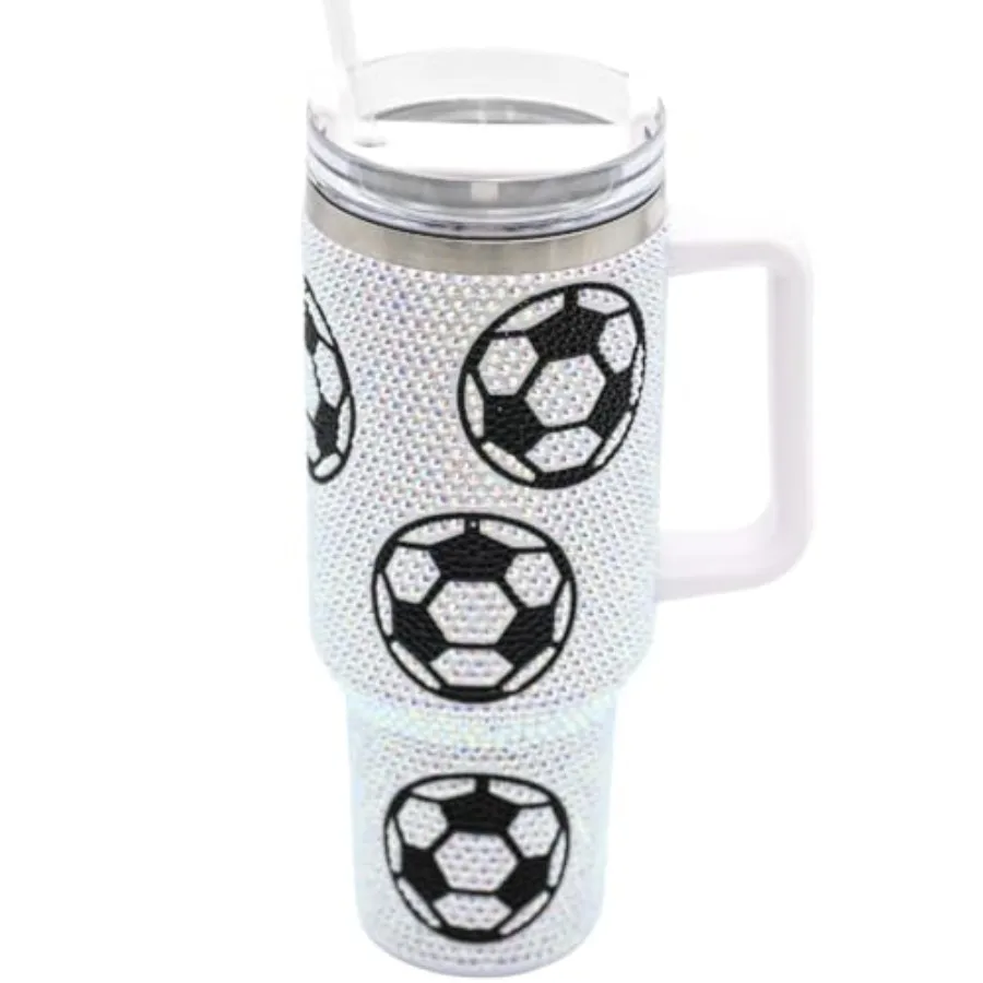 

40 Oz Rhinestone Bling Tumbler with Handle and Straw SOCCER,Stainless Steel and Double Wall Insulated; Good for Game days, Prac