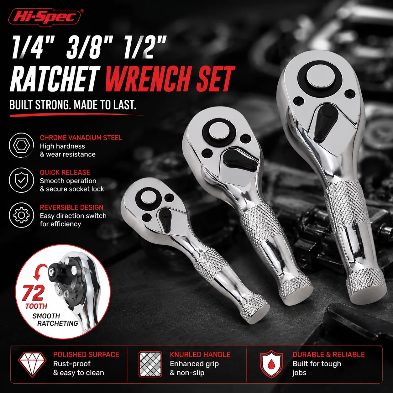 Hi-Spec 1/4 3/8 1/2 72 Teeth Quick Socket Mini Ratchet Wrench 2 in 1 Dual Head Stubby Torque Repair Hand Tool