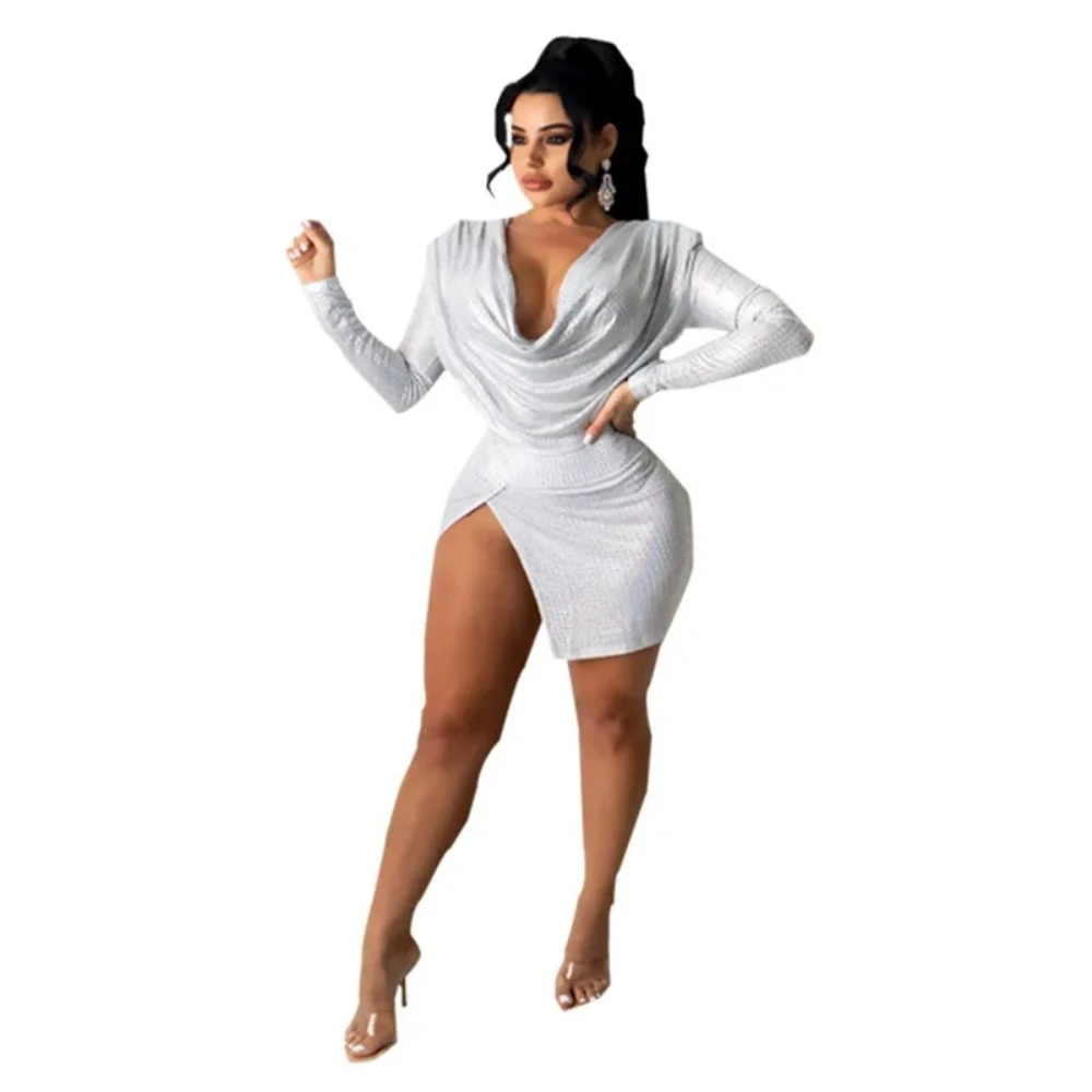 Womens Prom Dress Deep V Fold Drops Glue Evening Dresses Fashion Cocktail Elegant Party Dress Long Sleeve Spice Girl Dress Sets
