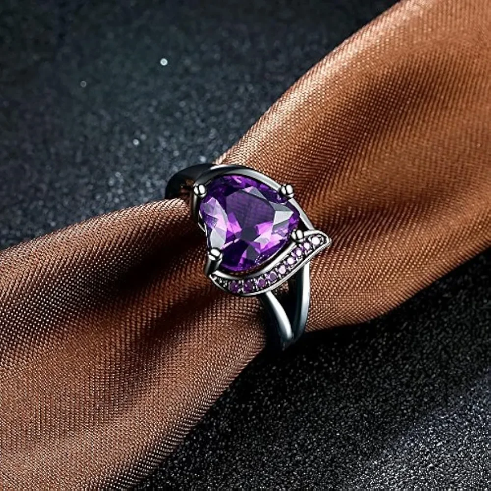 Heart Cubic Zirconia  Black Gold Plated Promise Band Ring Wedding Purple Rings for Women