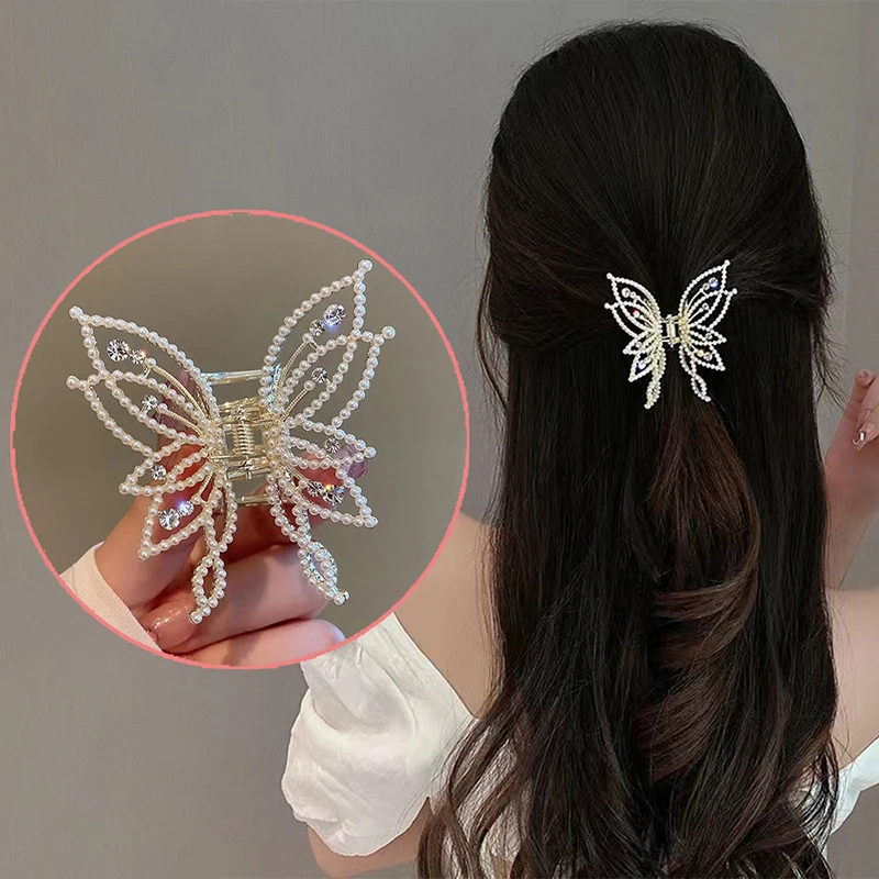 1Piece Butterfly Scrunchy Clip Hair Accessory Back Of The Head Plate Hair Clip Elegant Temperament Pearl Rhinestone Advanced Se