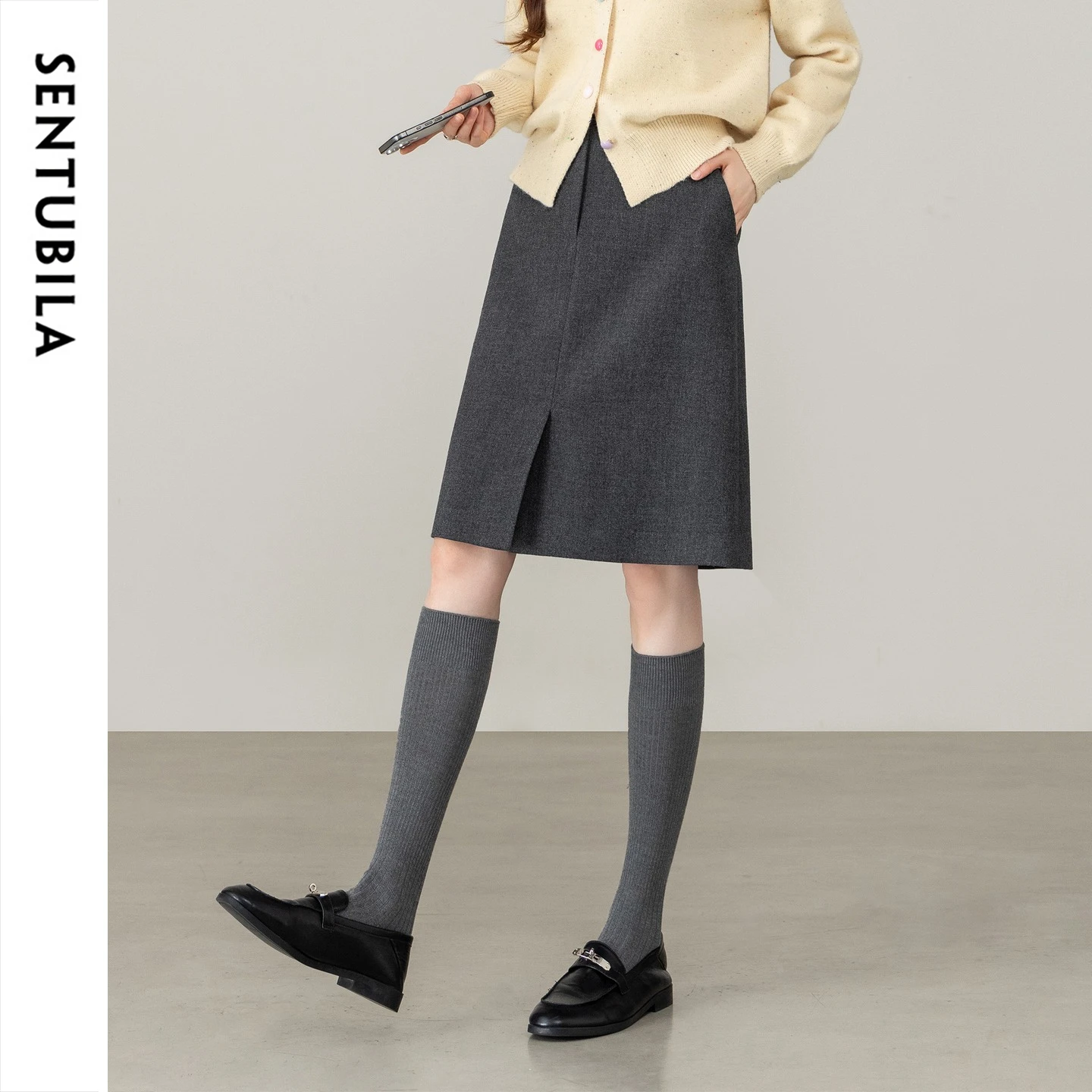 SENTUBILA Midi Skirts for Women 2026 Winter New High Waist A Line Split Front Detachable Belt Slim Fit Versatile Skirt 164QA6395
