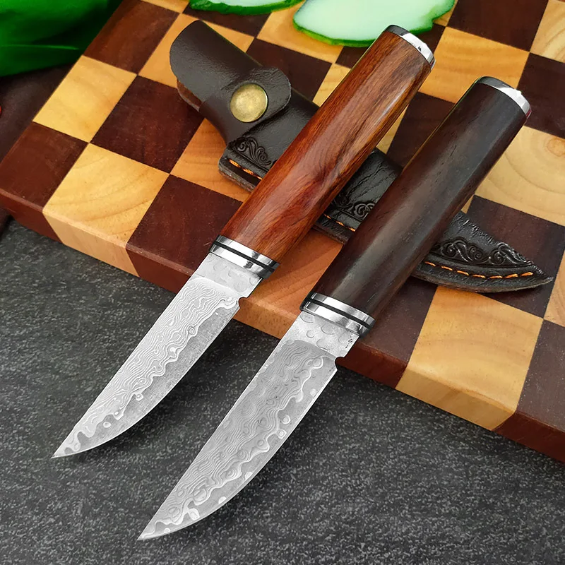 2.8 Inch Paring Knife Damascus Steel 9Cr18MoV Blade Sharp Slicing Steak Cleaver Utility Peeling BBQ Kitchen Knives Wood Handle