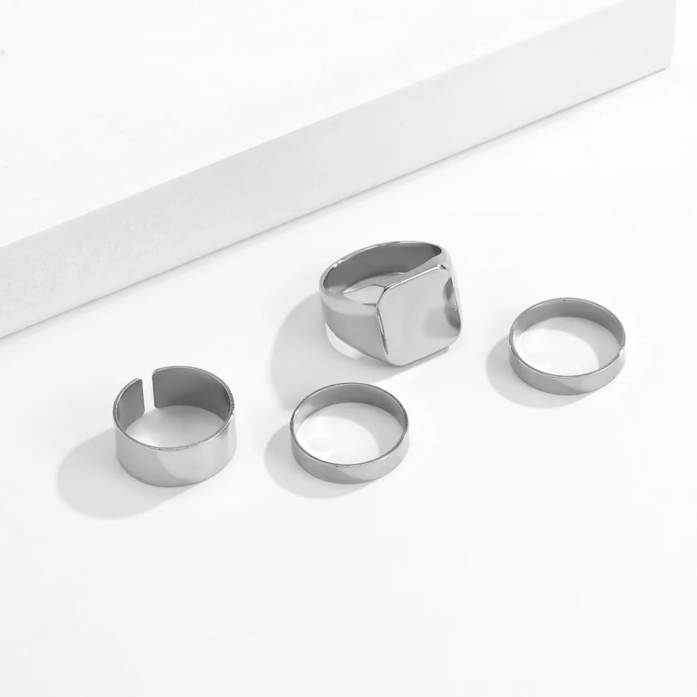 4 Stück silberfarbener minimalistischer Ring für Herren, schlichter, polierter Bandring mit quadratischem Siegelstein, geometrischer Schmuckset – Detail 4