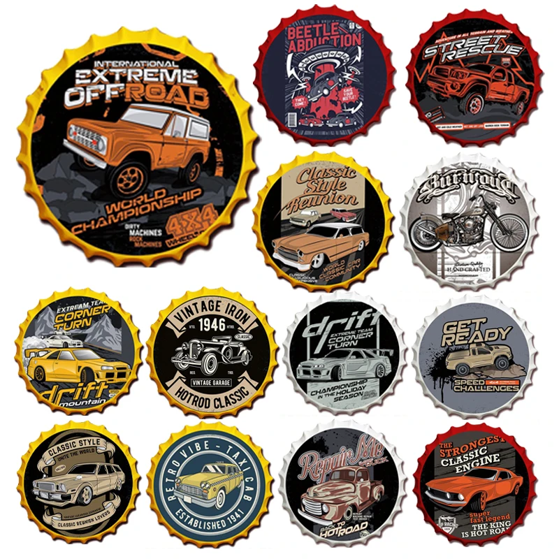 

Tractor Old Car Motor Pictures Printed On Beer Bottle Cap Tin Sign Art Decor Crafts Bar Cafe Garage Round Plates Wall Tin Signs