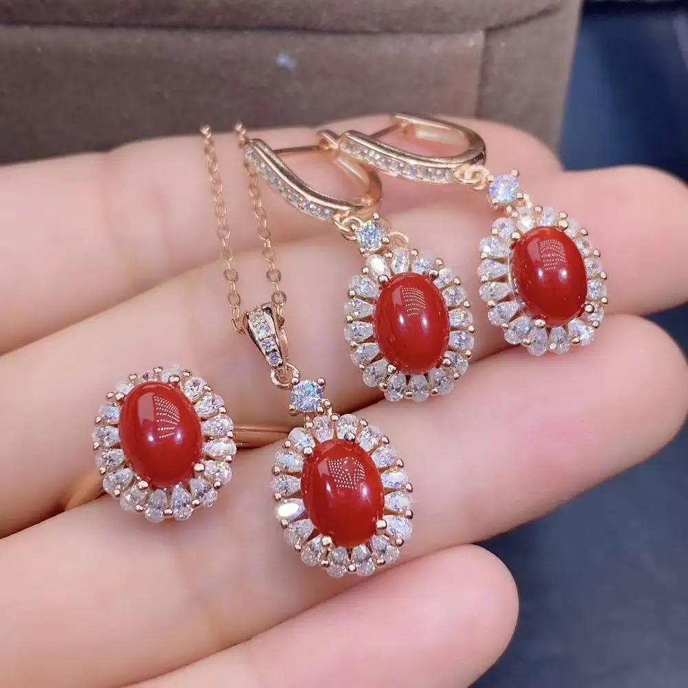 

MeiBaPJ Natural Red Coral Gemstone Fine Wedding Jewelry Sets for Women 925 Pure Silver Earrings Ring Pendant Necklace 3 Suits