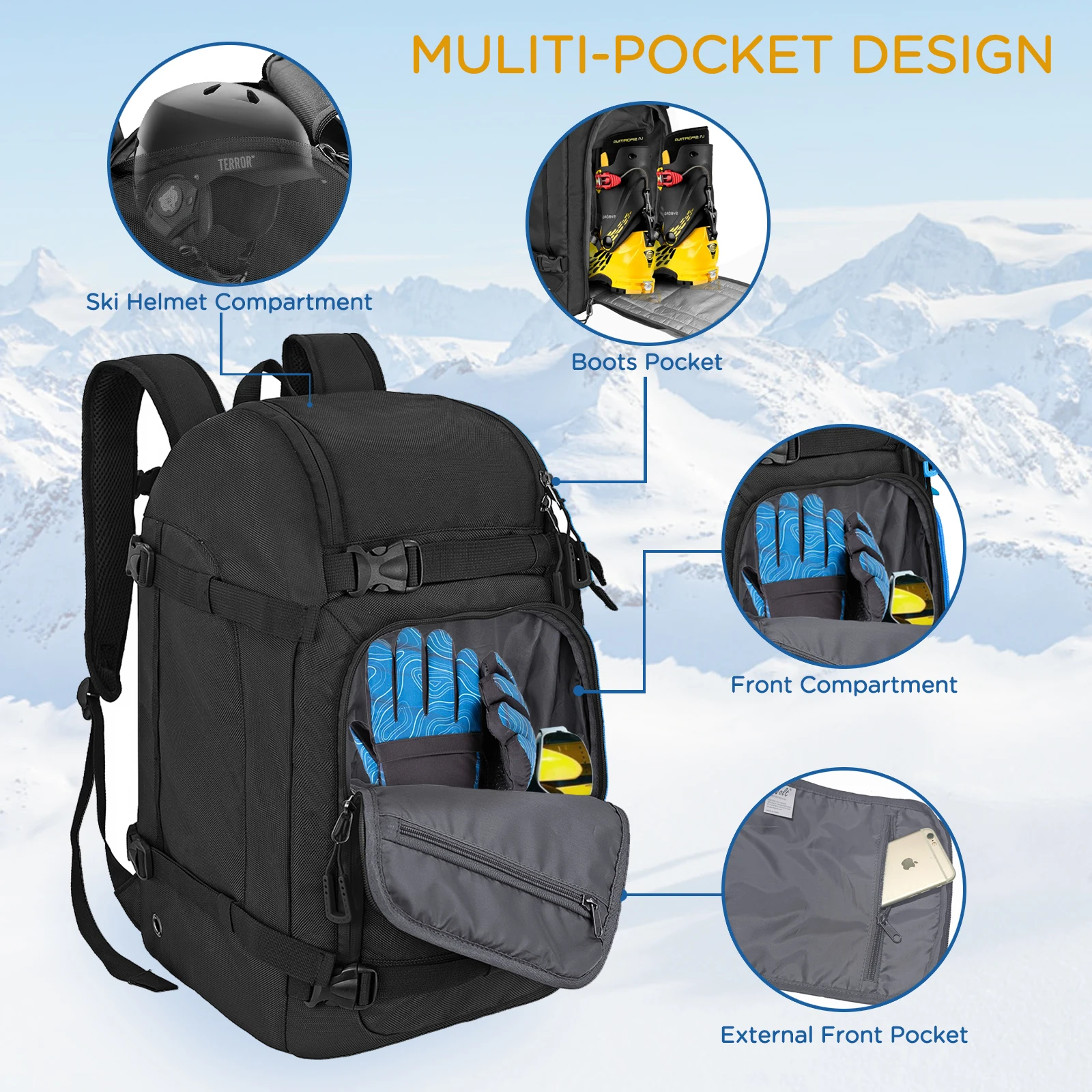 WOLT Mochila para botas de esquí, mochila de viaje duradera para botas de esquí de 50L para equipo de esquí, casco, gafas, guantes, esquís, snowboard