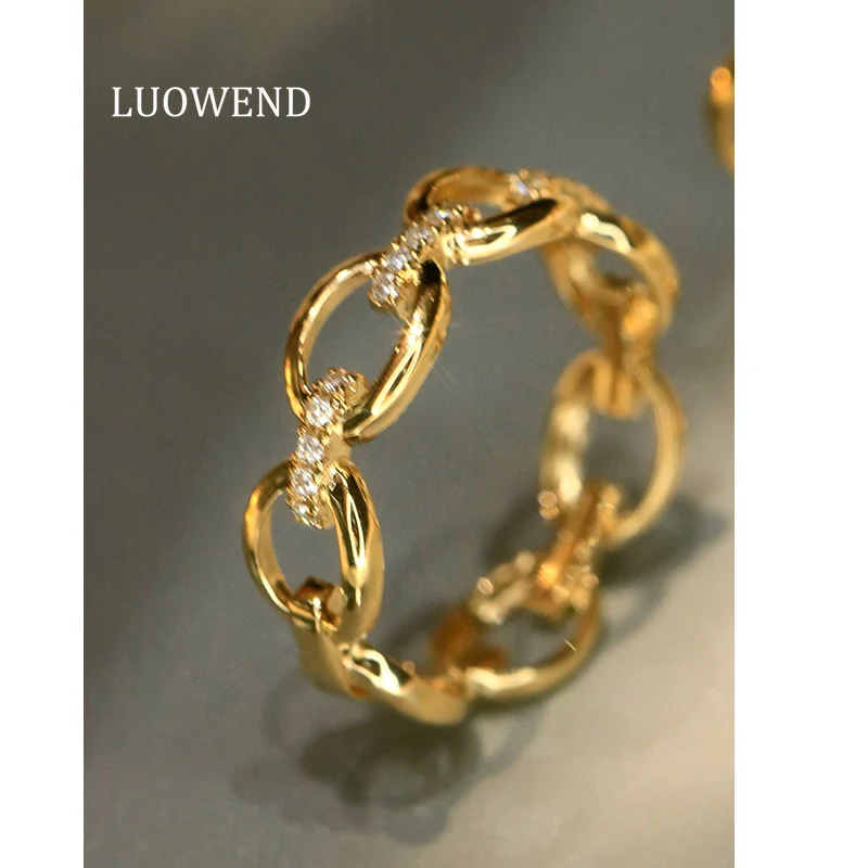

LUOWEND 100% 18K Yellow Gold Rings Fashion Chain Shape Design Real Natural Diamond Engagement Ring for Women High Party Jewelry