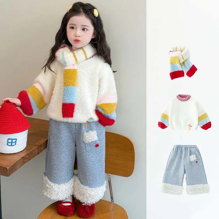 

Winter Children Girl 3PCS Set Colorful Striped Scarf Fleece Infant Baby Girl Sweater Suit Fur Hem Toddler Kid Girl Straight Pant