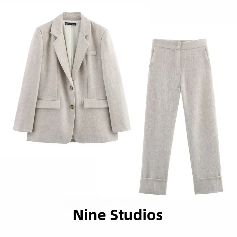 

New NINE ZA Women's Suit Jaet oulder Pads Cuffed Straight Leg Pants 26327 260327 Spring 2025 Long Sve Two-Piece Set