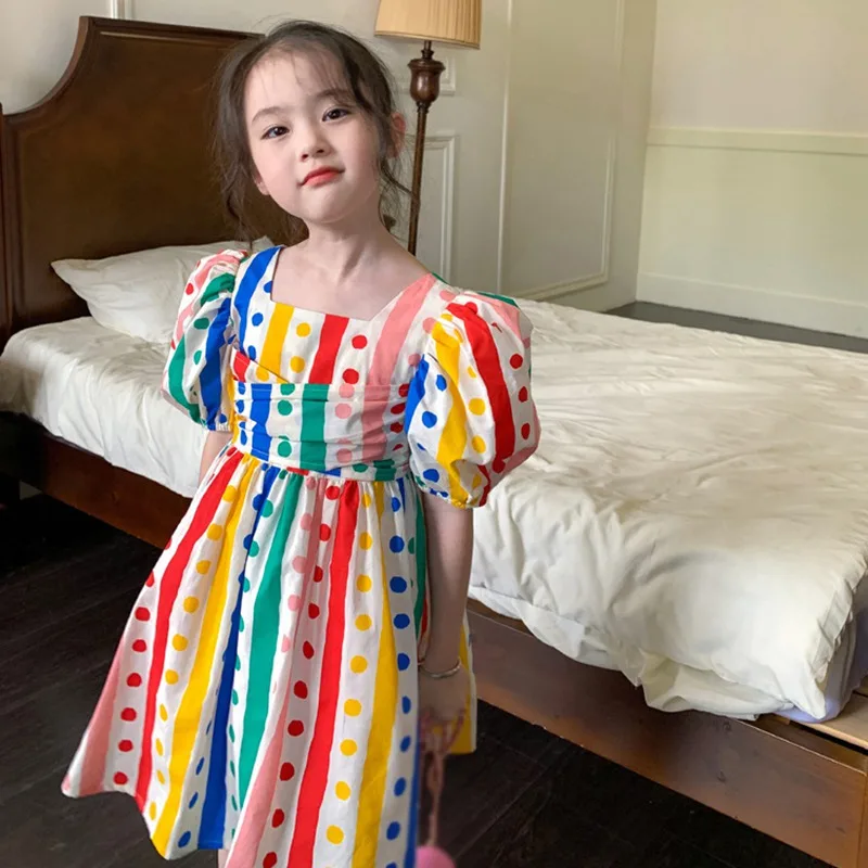 3-8 Years Baby Girls Dot Rainbow Dress Summer Princess Puff Sleeves Clothing Kids Cute Dresses Children Clothes Puffy Skirt