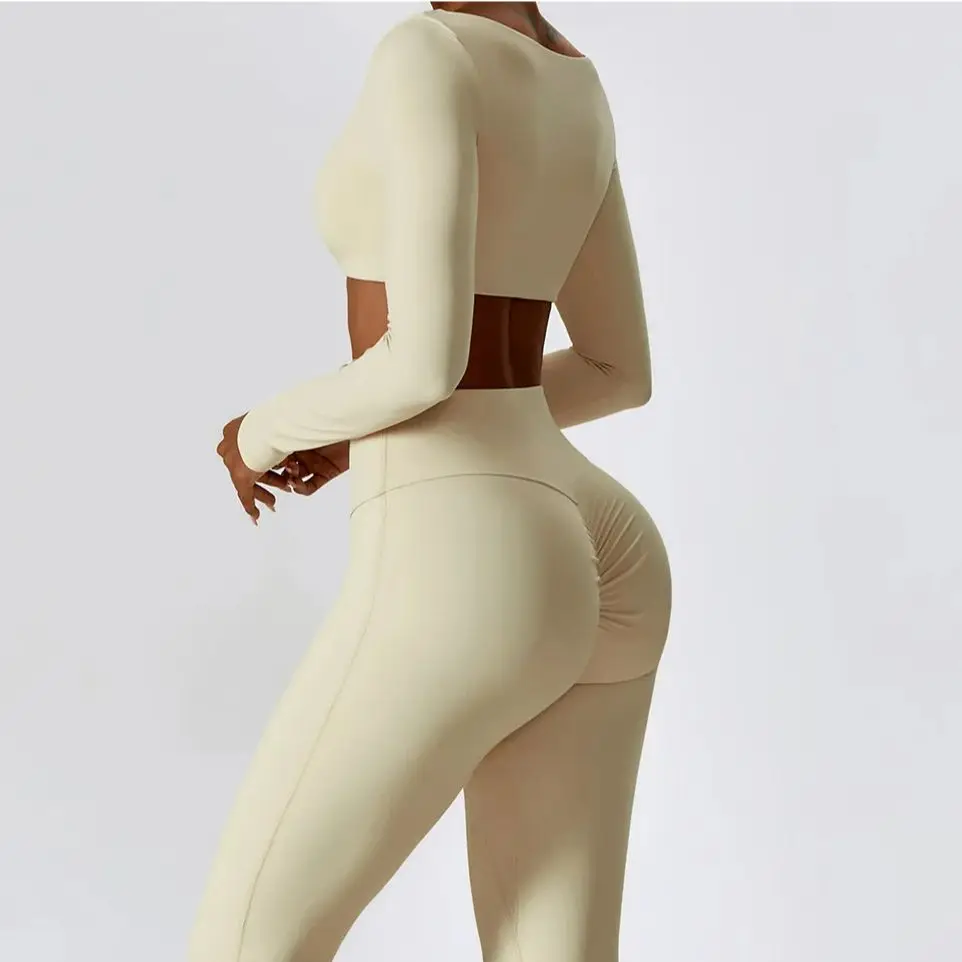 Moditin feminino conjunto de yoga cintura alta fitness leggings calças alargamento perna manga longa sutiã topos macio e confortável secagem rápida roupas ginásio