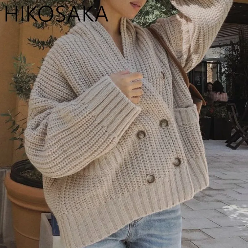 Japan Style New Shawl Collar Long Sleeve Woman Sweaters Simple Loose French Style Pull Femme Stripe Double Breasted Pocket Tops