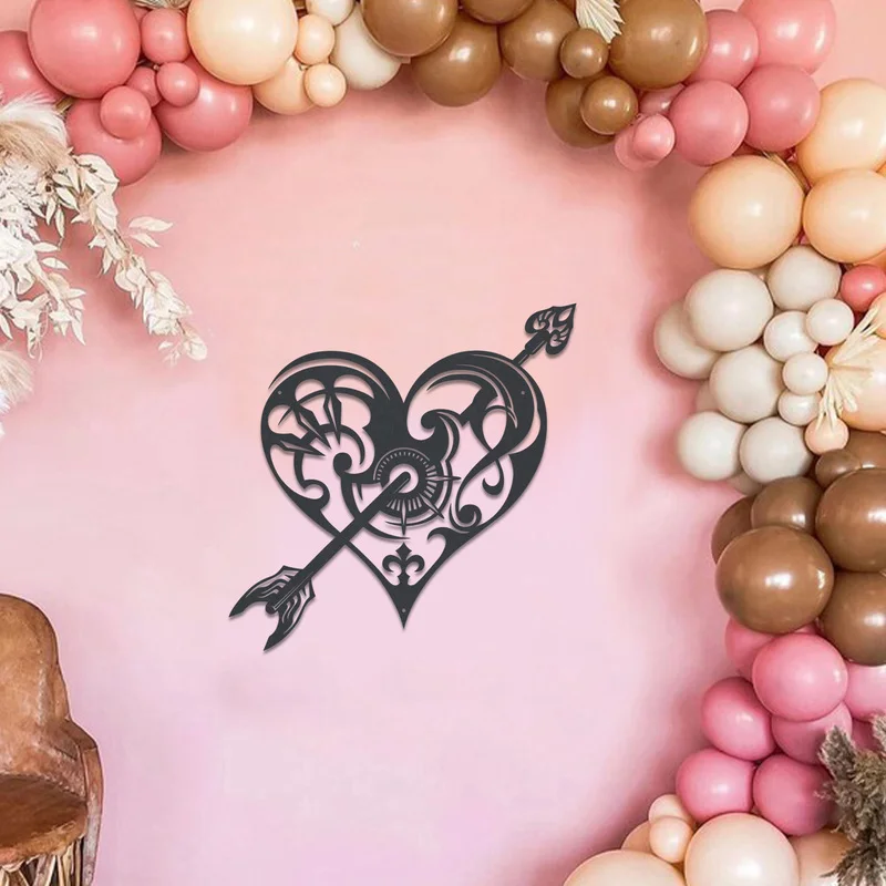 Black metal wall decoration heart-shaped arrow - Romantic Love Theme Horizontal Wall-Mounted Iron Art Heart-Shaped Sculpture
